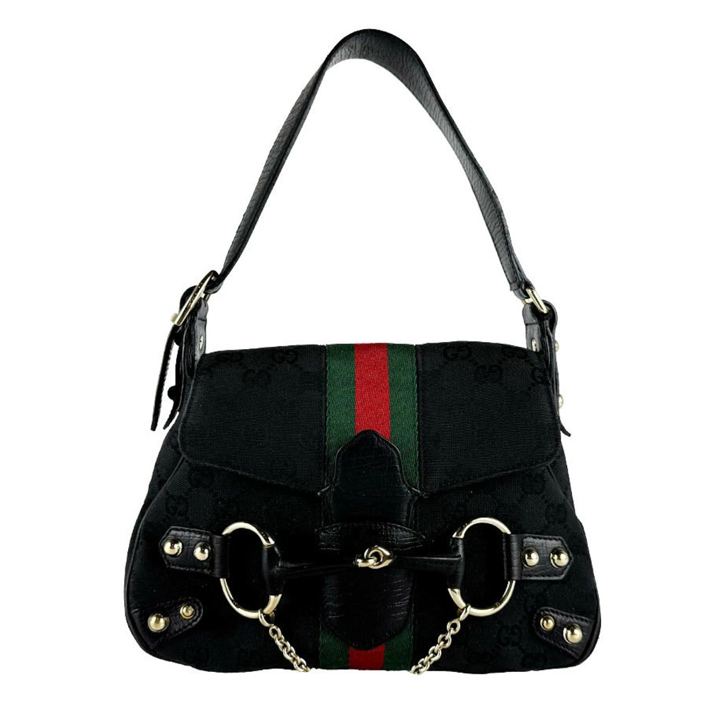 Gucci Top Handle Bag Horsebit GG Canvas Leather Black